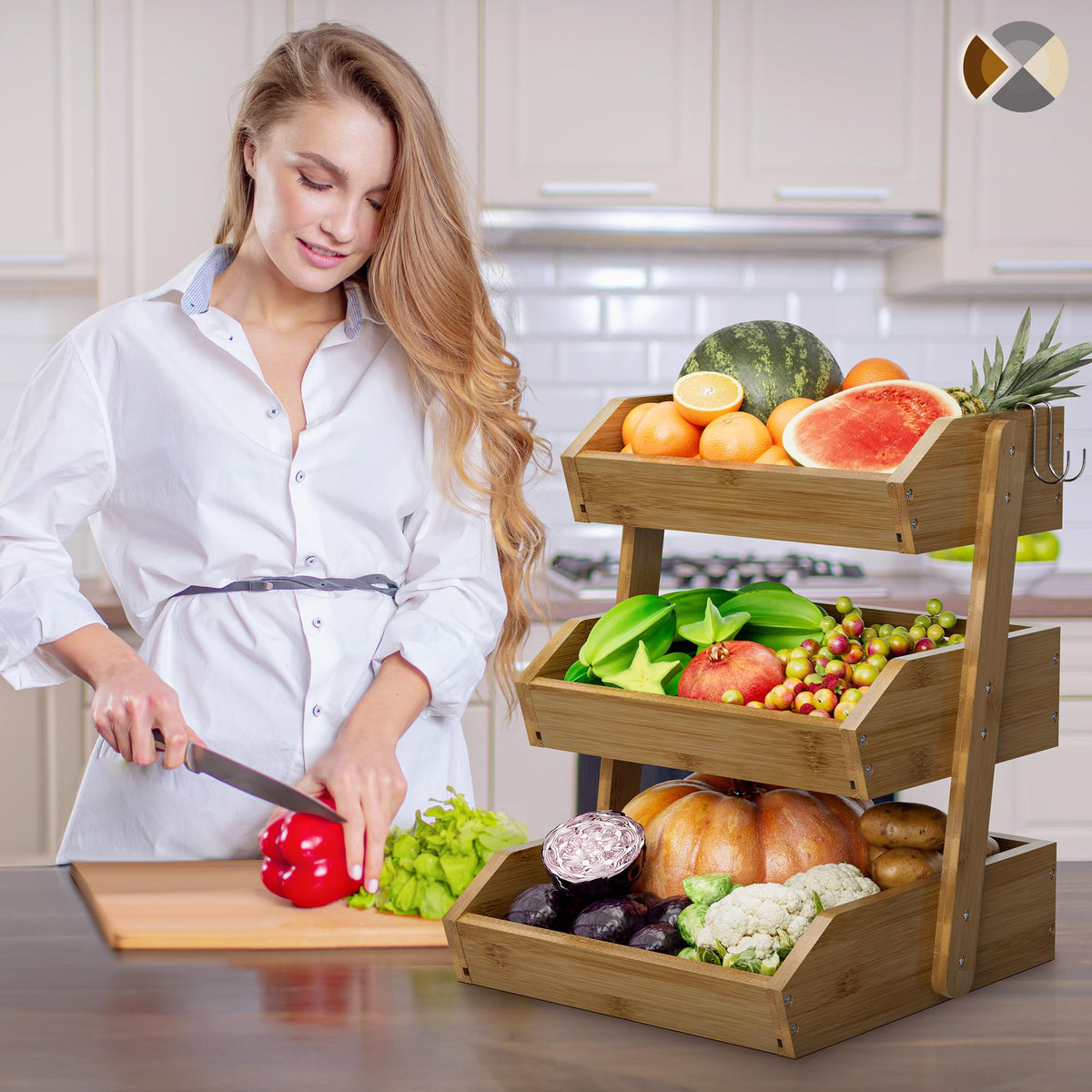 Hellojin 3-Tier Walnut Fruit Basket side view highlights sturdy bamboo construction