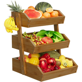 Hellojin 3-Tier Walnut Fruit Basket top view shows ample counter storage
