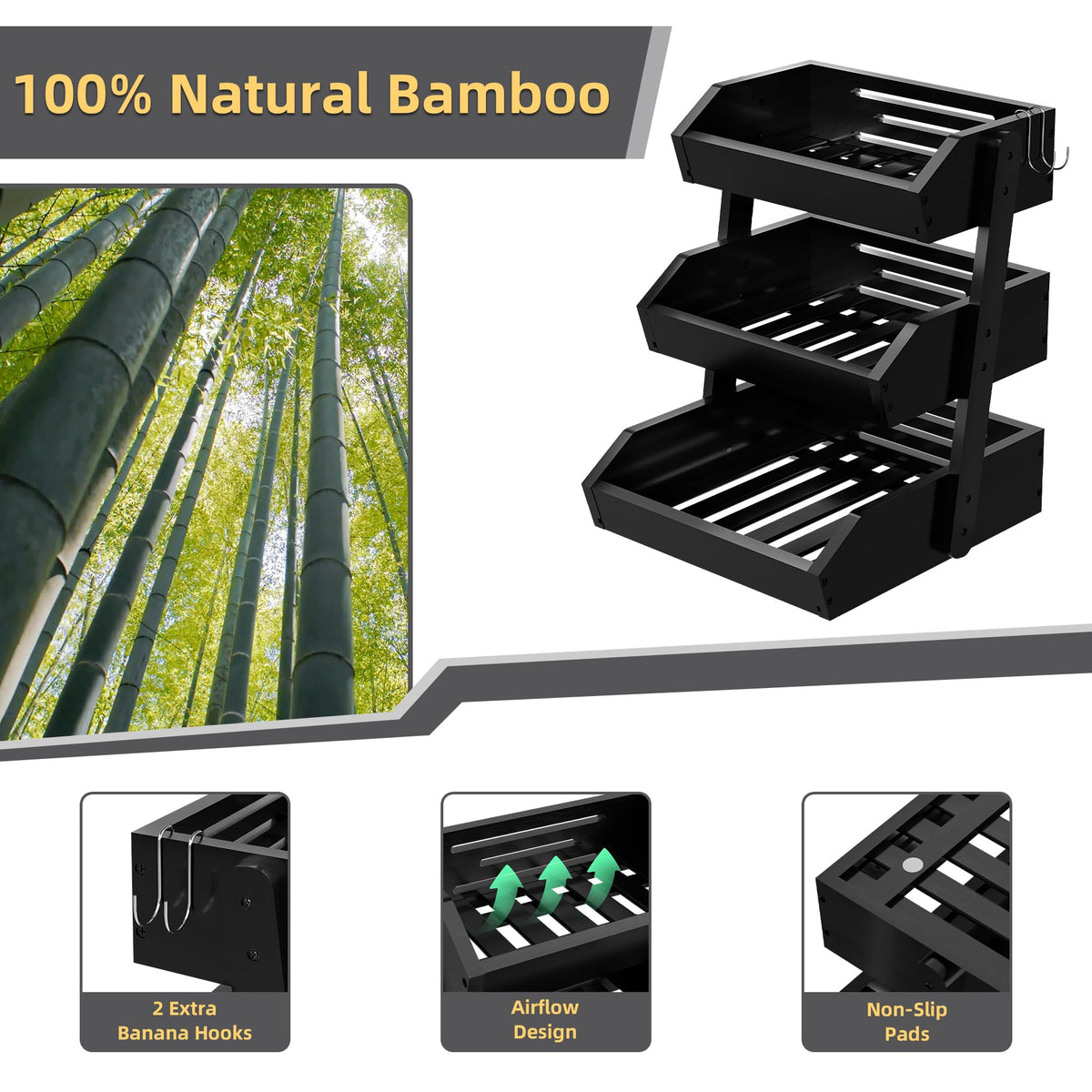Hellojin Bamboo 3-Tier Fruit Basket close-up shows durable bamboo and finish.