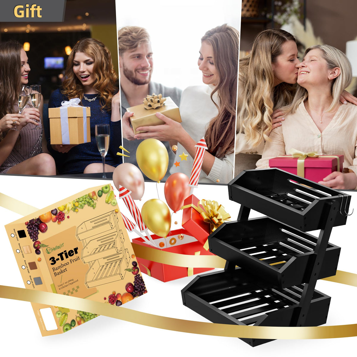 Hellojin Bamboo 3-Tier Fruit Basket on counter provides generous capacity.