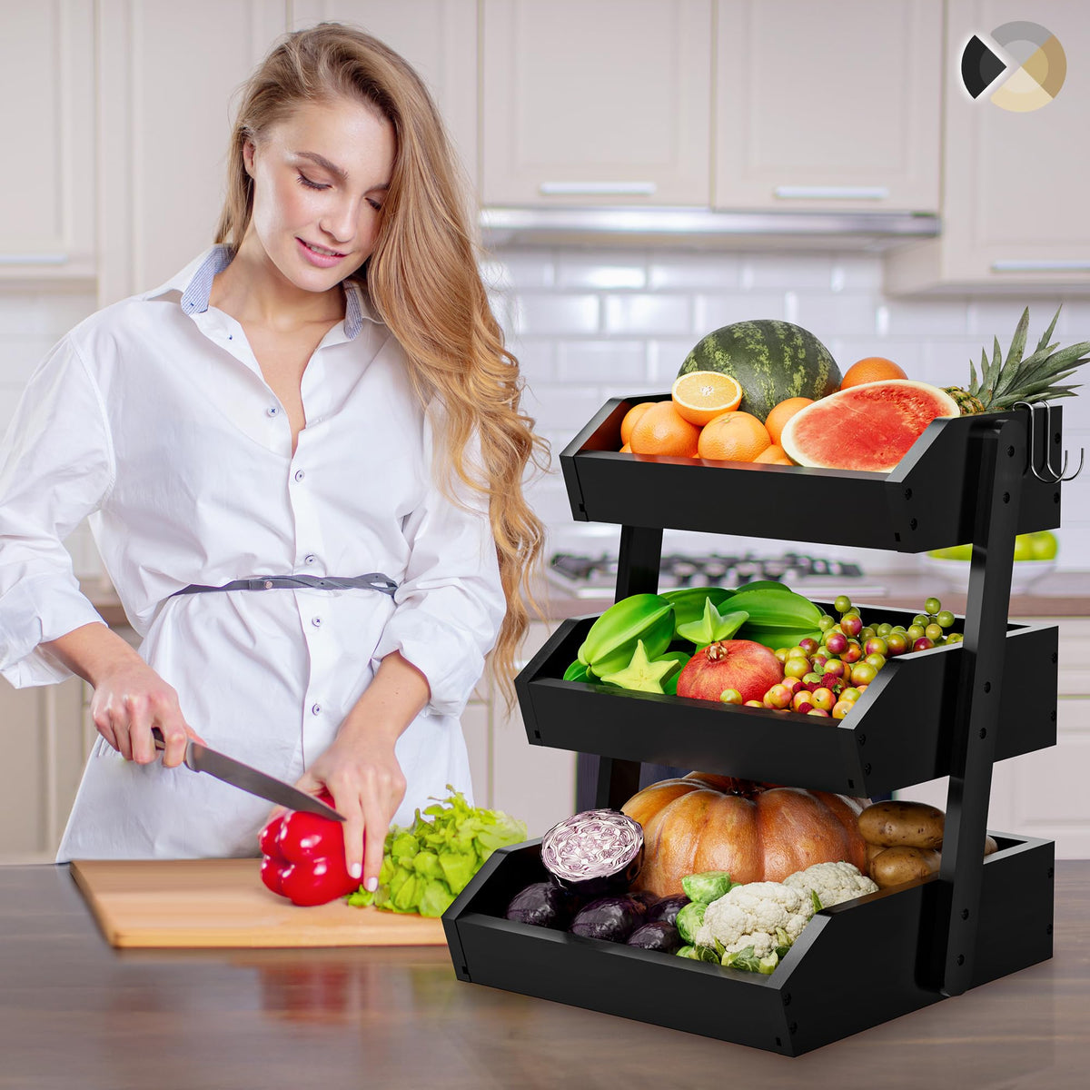 Hellojin Bamboo 3-Tier Fruit Basket side view shows ventilated shelves for fresh, lasting produce.
