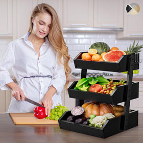 Hellojin Bamboo 3-Tier Fruit Basket side view shows ventilated shelves for fresh, lasting produce.