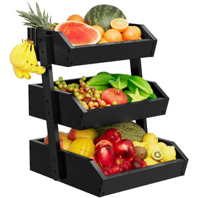 Hellojin Bamboo 3-Tier Fruit Basket top view highlights ample counter storage for produce and snacks.