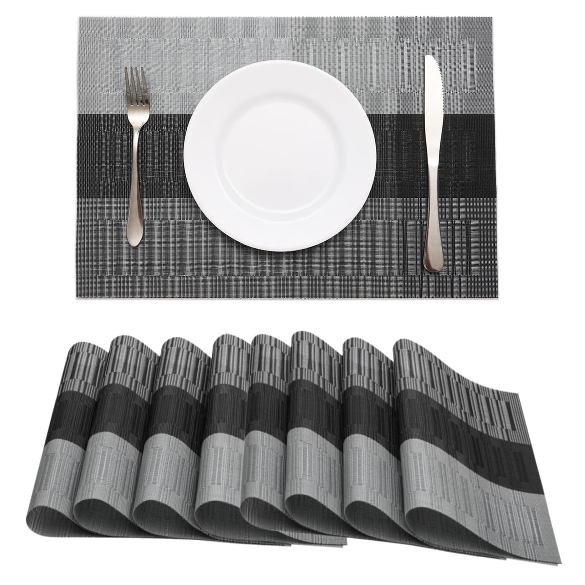 HeloHo black grey stripe placemats on table adding coordinated style and protection.