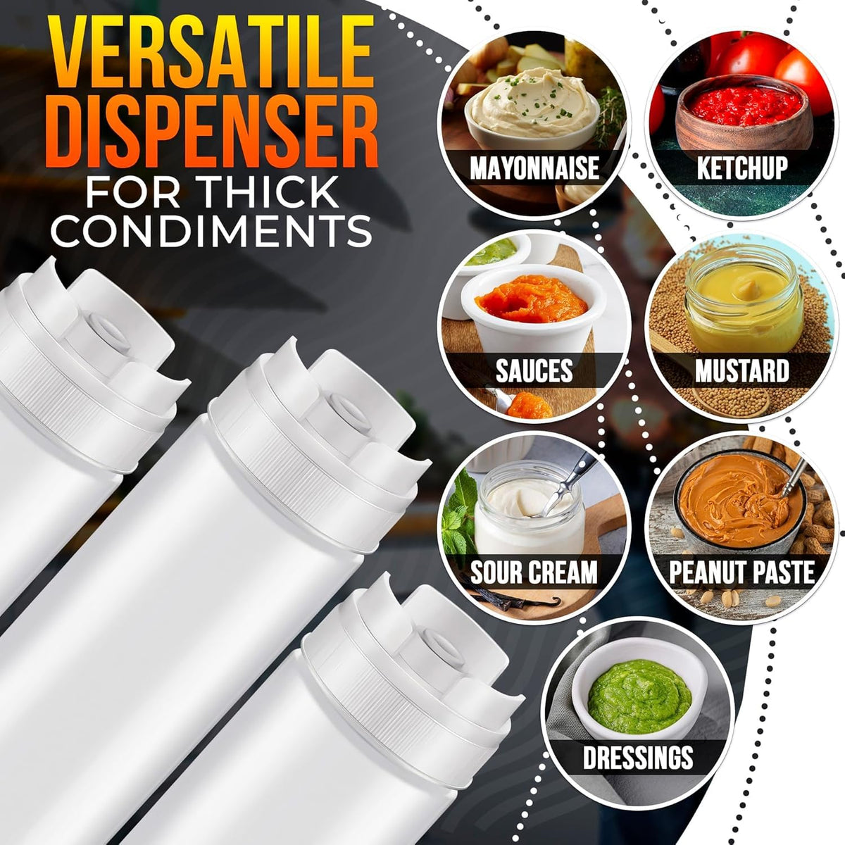 HELVETIOS refillable condiment bottles designed for quick filling and repeated use.