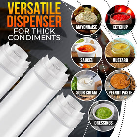 HELVETIOS refillable condiment bottles designed for quick filling and repeated use.