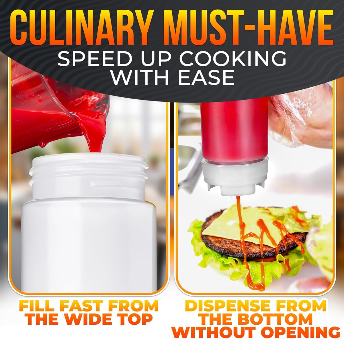 HELVETIOS dishwasher-safe plastic squeeze bottles simplify cleaning after meals.