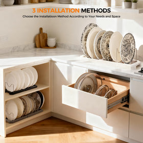 Hemisol kitchen organization in use with lids and bakeware neatly arranged