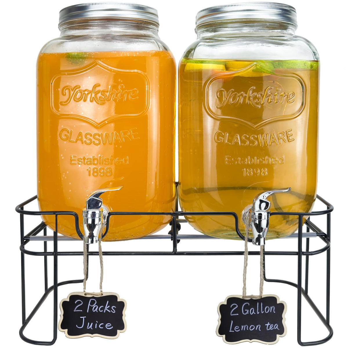 HENABLE 2-gallon glass drink dispenser on a stand for parties and gatherings.