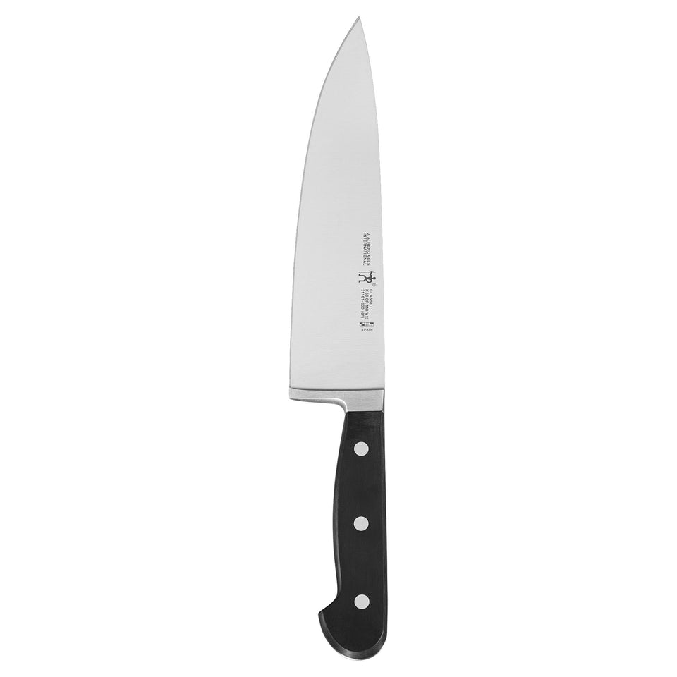 Henckels Classic 8-inch chef knife blade for precise slicing and lasting sharpness.