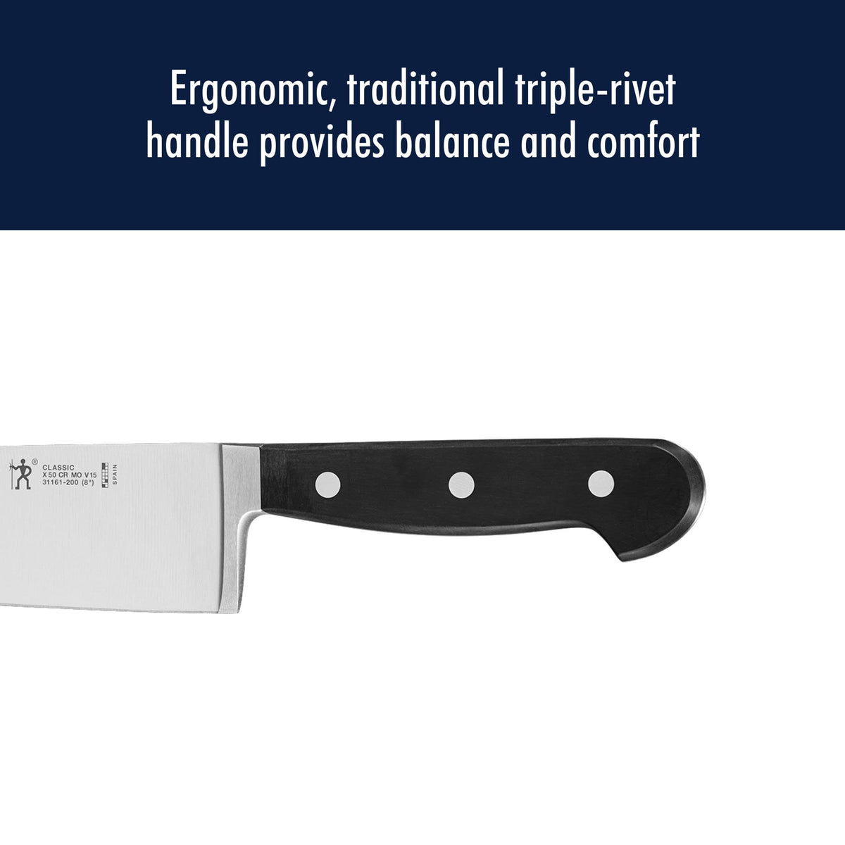 Henckels Classic 8-inch chef knife in dishwasher-safe care for simple cleanup.