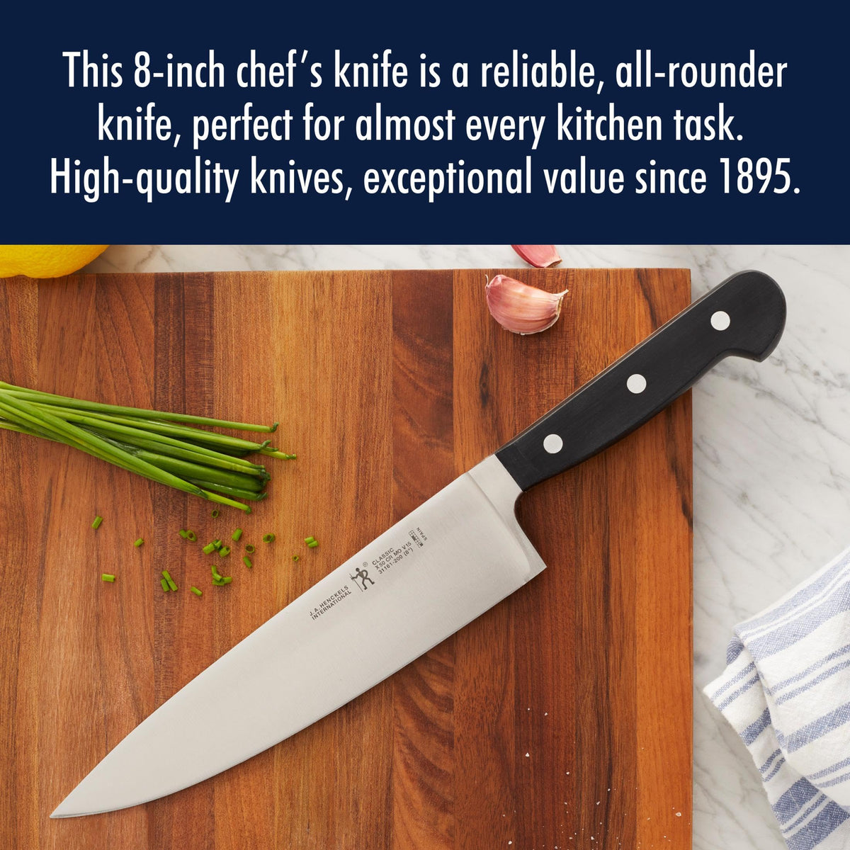 Henckels Classic 8-inch chef knife edge designed for professional-level sharpness.