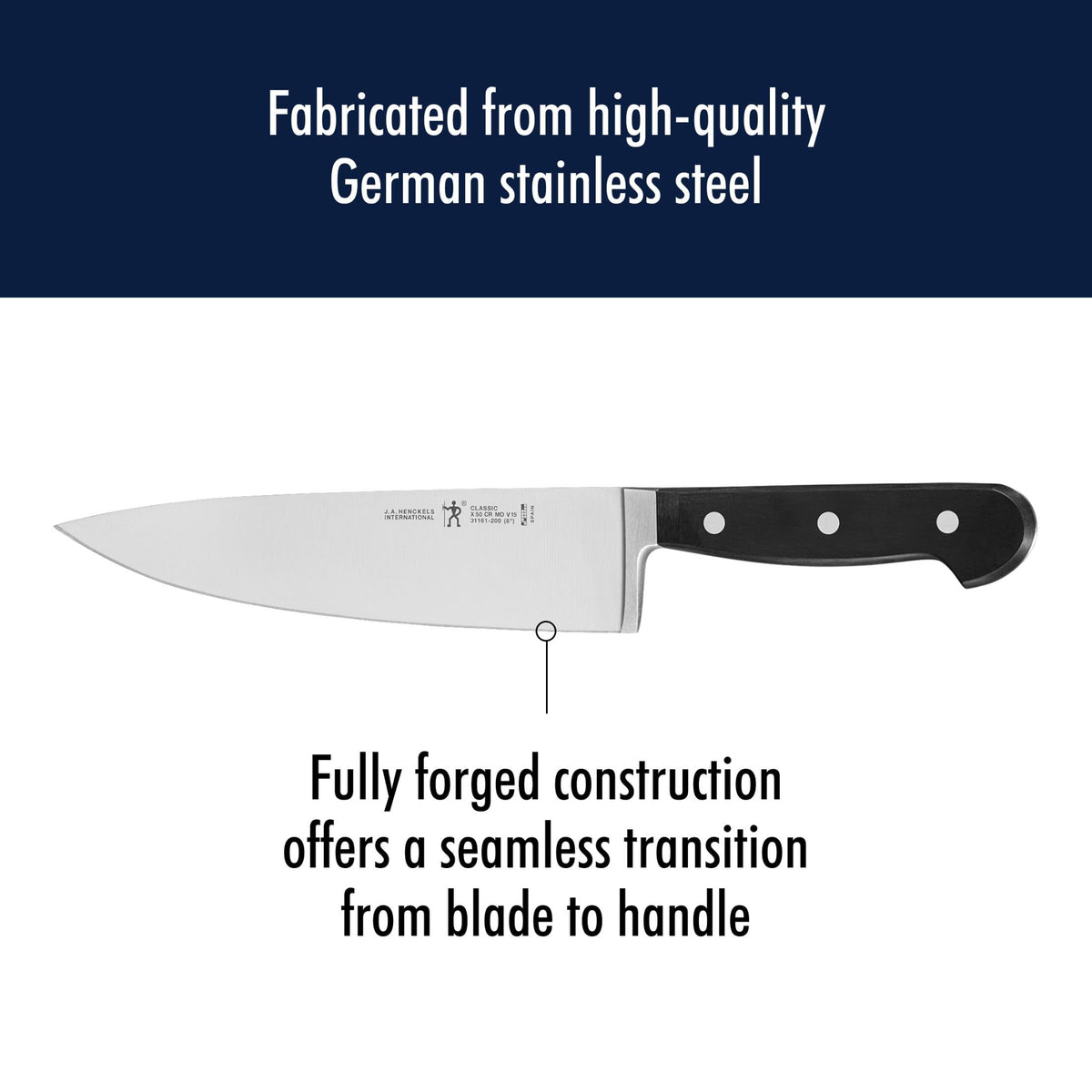 Henckels Classic 8-inch chef knife slicing salmon for clean cuts.