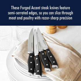 HENCKELS Forged Accent black-handle steak knife offers comfortable grip for everyday meals.
