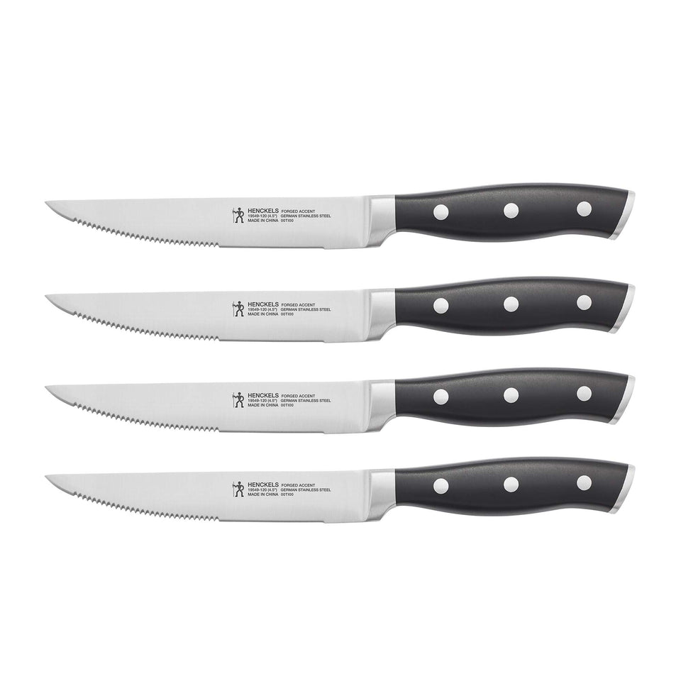 HENCKELS Forged Accent razor-sharp steak knife set of four for precise slicing.