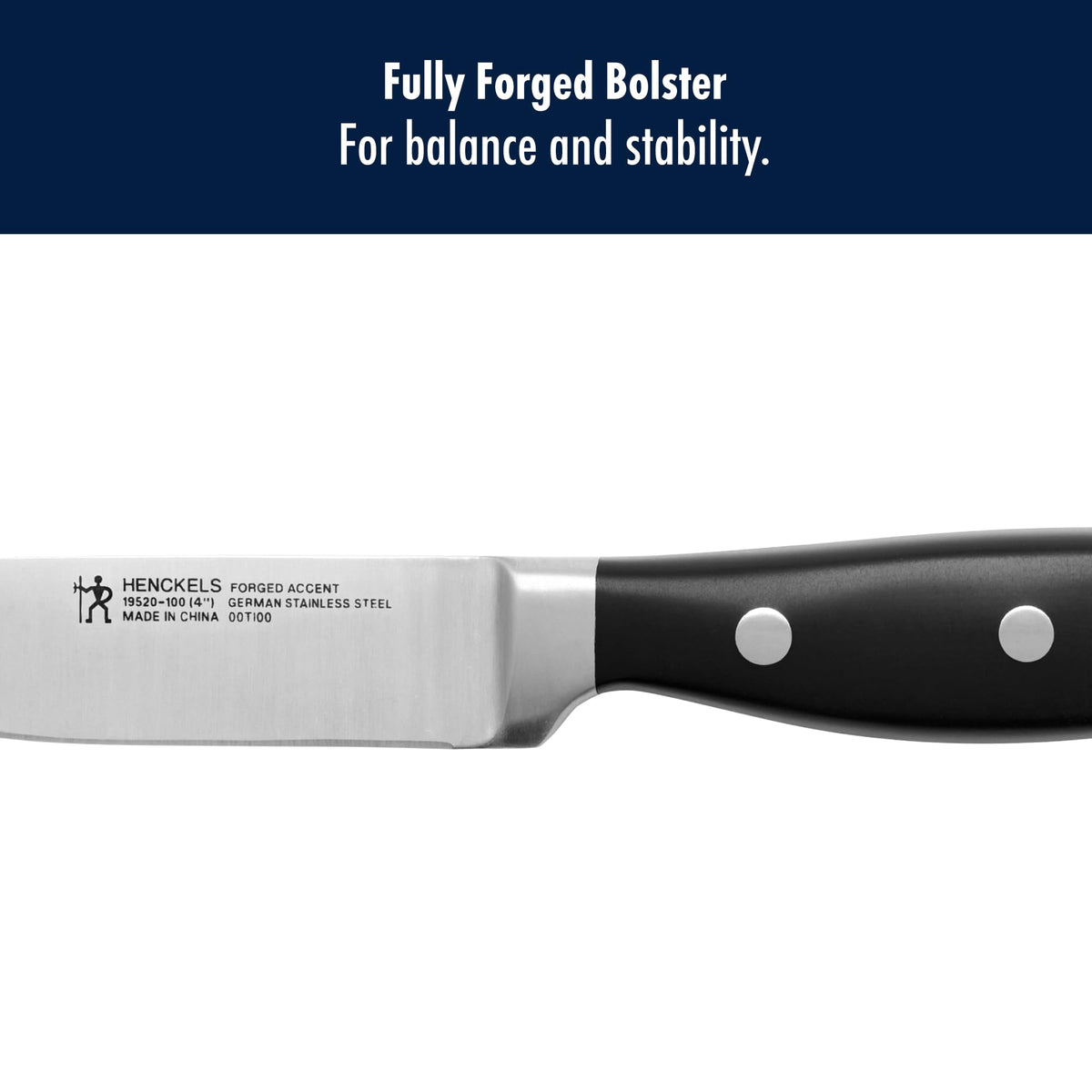 Henckels Forged Accent triple-rivet handle design for comfortable grip.