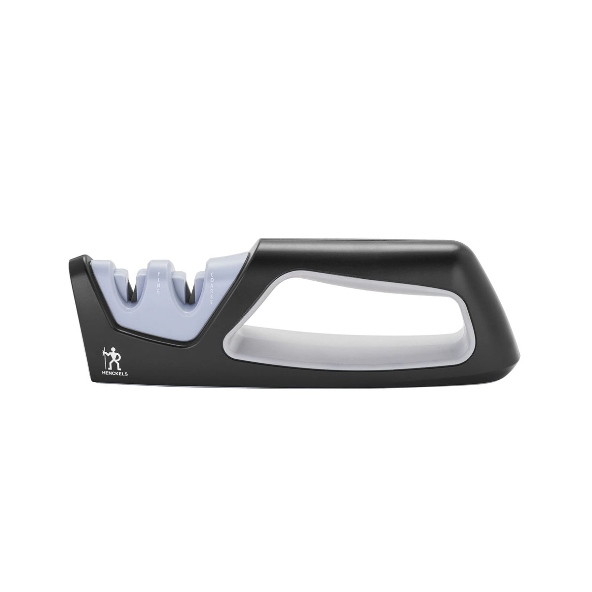 Henckels handheld sharpener with a coarse ceramic stage for quick edge refresh.