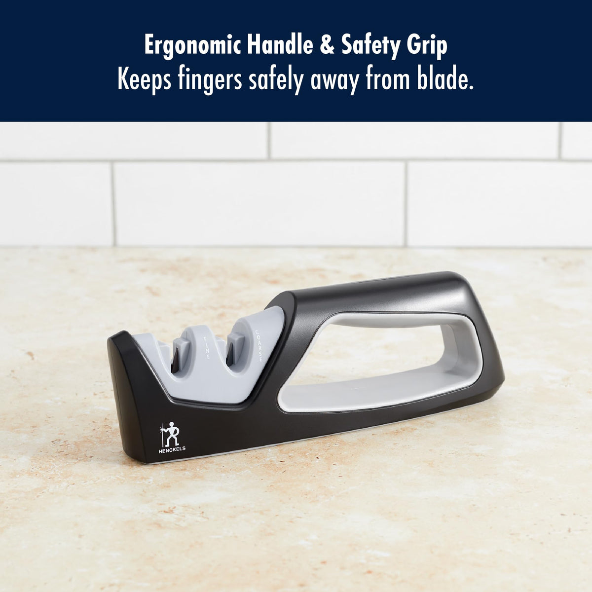 Henckels handheld sharpener with a fine ceramic stage for a polished edge.