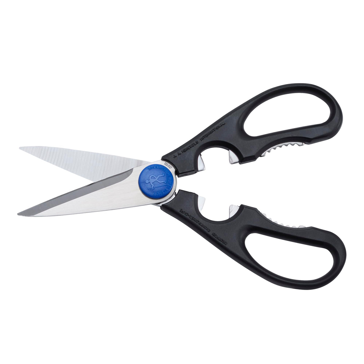 HENCKELS kitchen shears with serrated edge for jar lids and nuts.