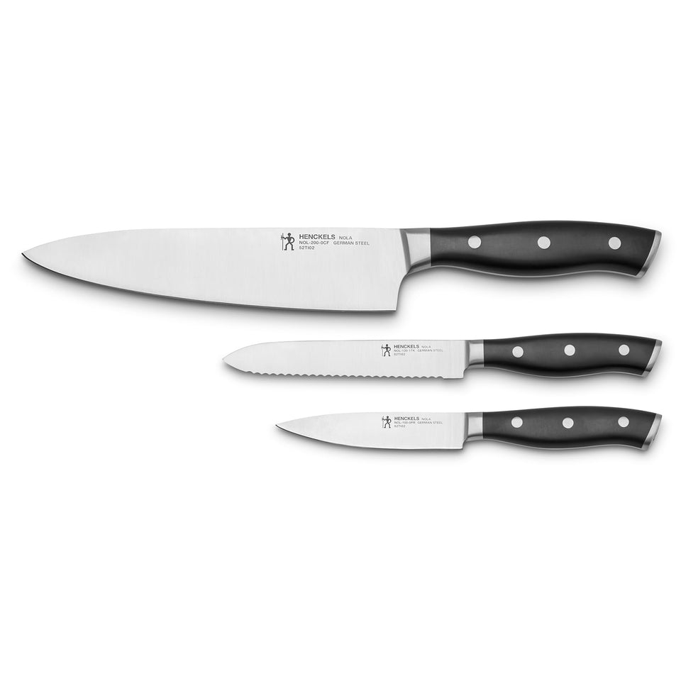 Henckels Nola razor-sharp blade close-up for precise slicing performance.