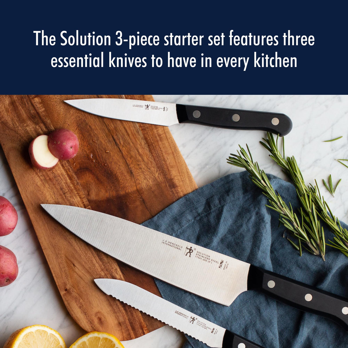 HENCKELS Solution 3-pc Starter Knife Set blade closeup showing fine-edge precision