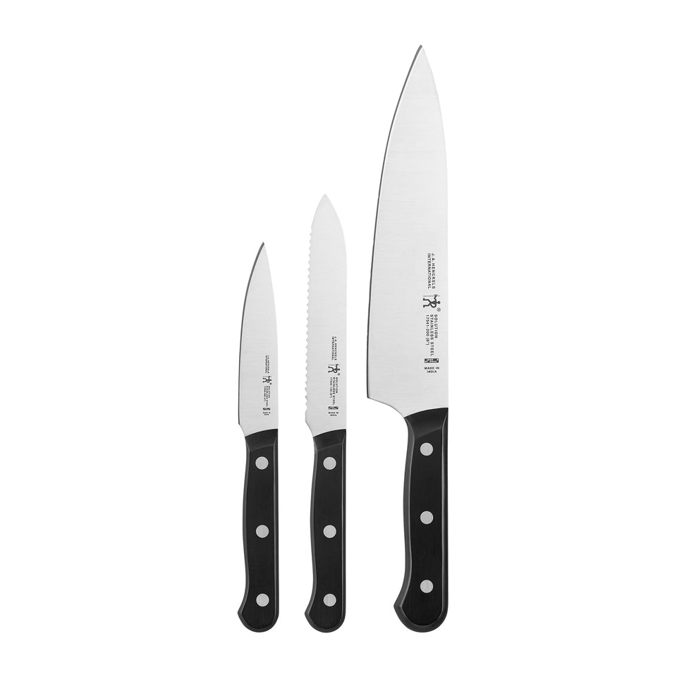 HENCKELS Solution 3-pc Starter Knife Set on wood block for precise, easy slicing