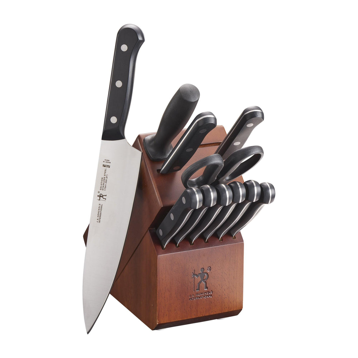 HENCKELS Solution block set with six steak knives offering organized storage for precise cuts.