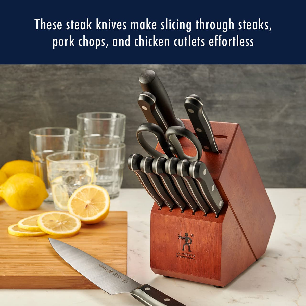 HENCKELS Solution ergonomic triple-rivet handles reduce fatigue during long dinners.