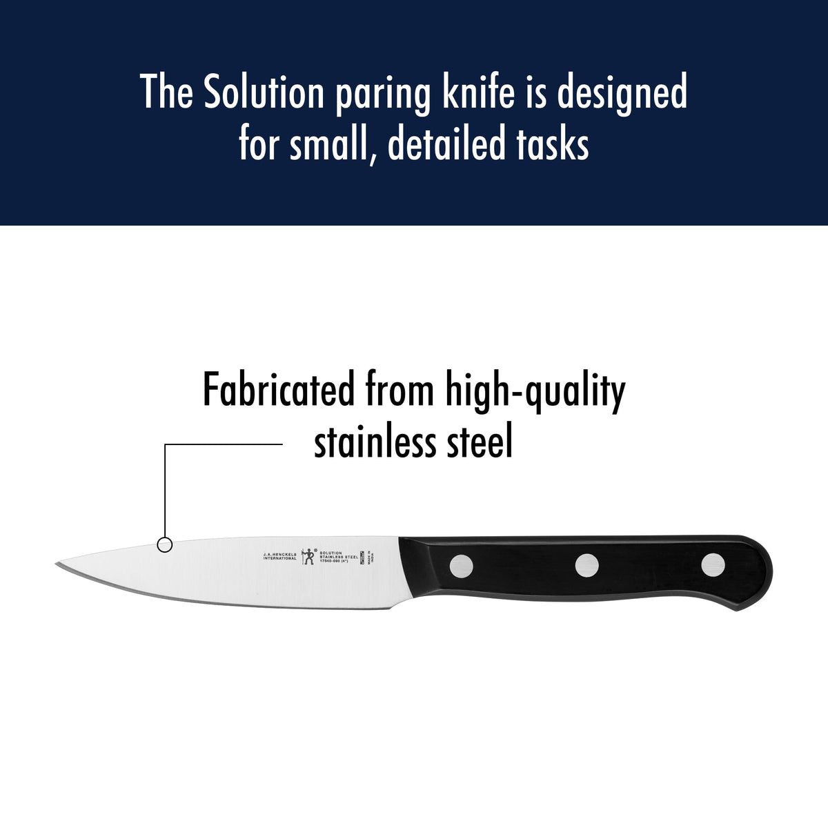 Henckels Solution ergonomic handle shown for controlled cutting.