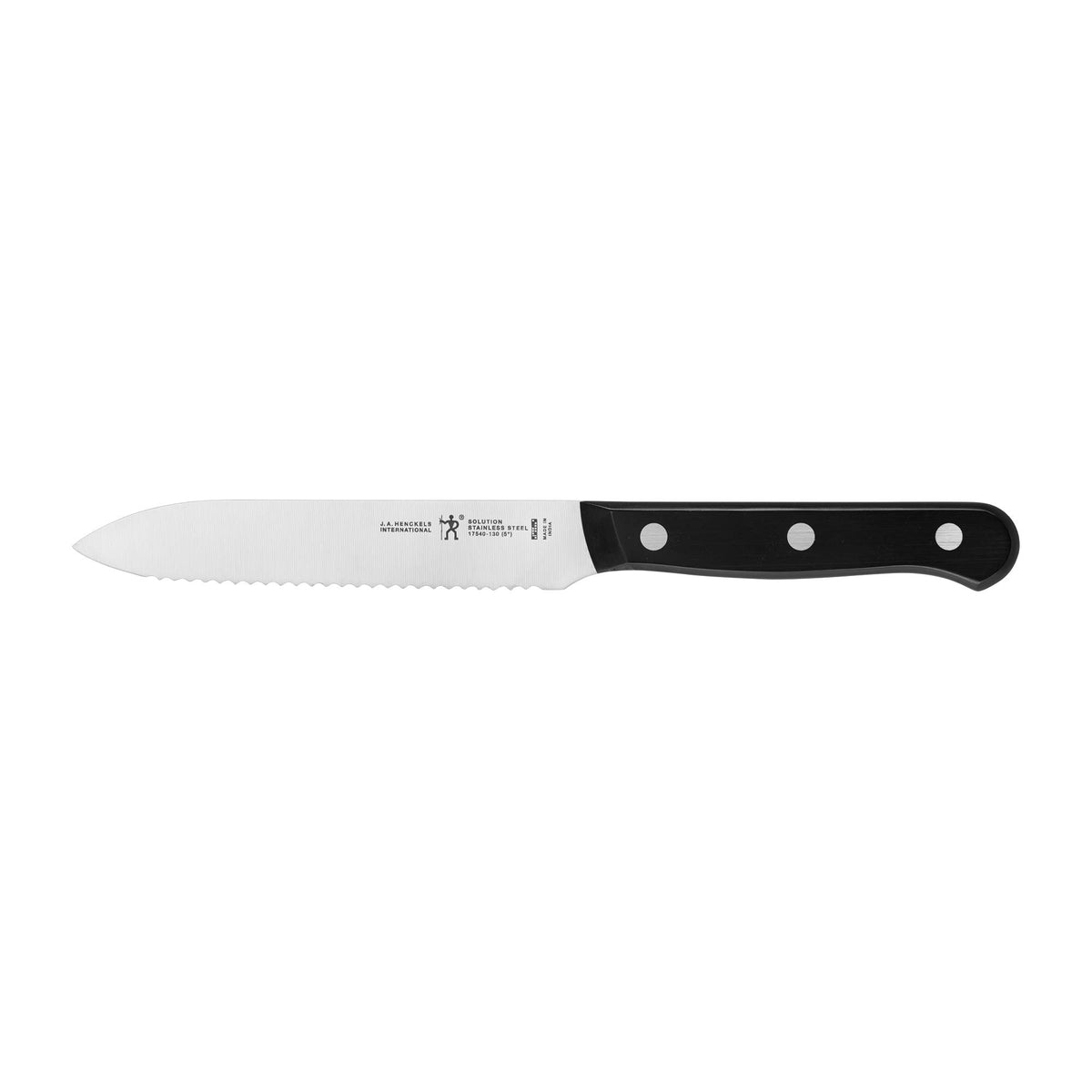 Henckels Solution razor-sharp 5-inch serrated knife for precise everyday cuts.