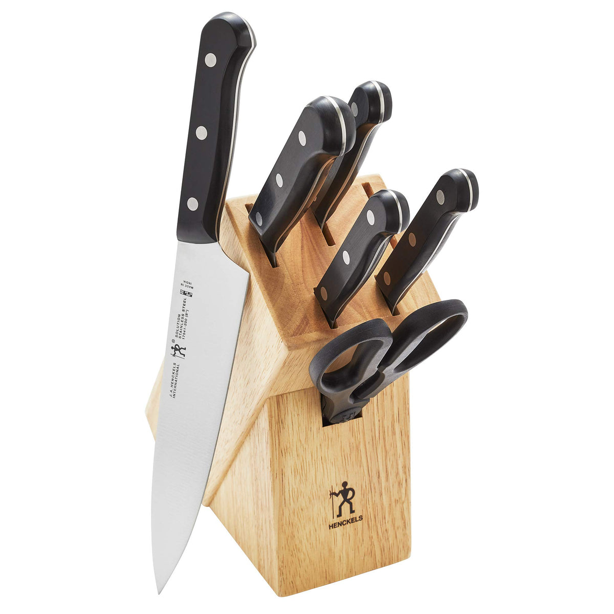 Henckels Solution razor-sharp 7-piece set with wood block for organized kitchen prep.