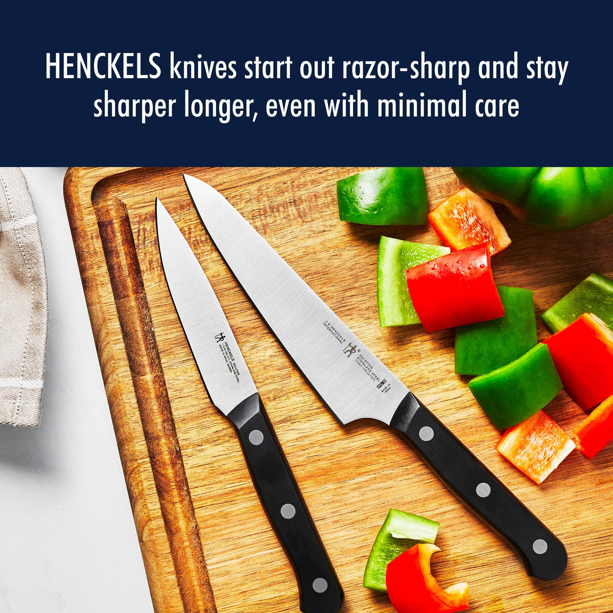 Henckels 8-inch bread knife with serrated edge for clean, even cuts.
