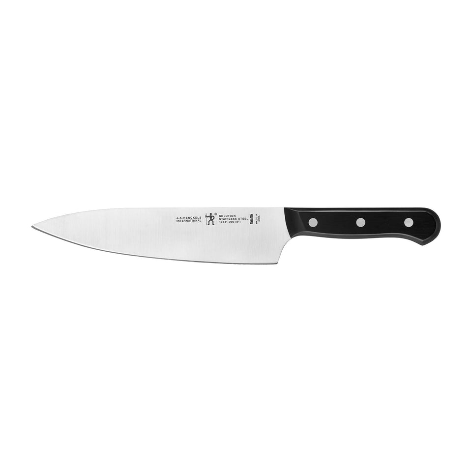 Henckels Solution Razor-Sharp 8-inch chef knife blade for precise slicing.