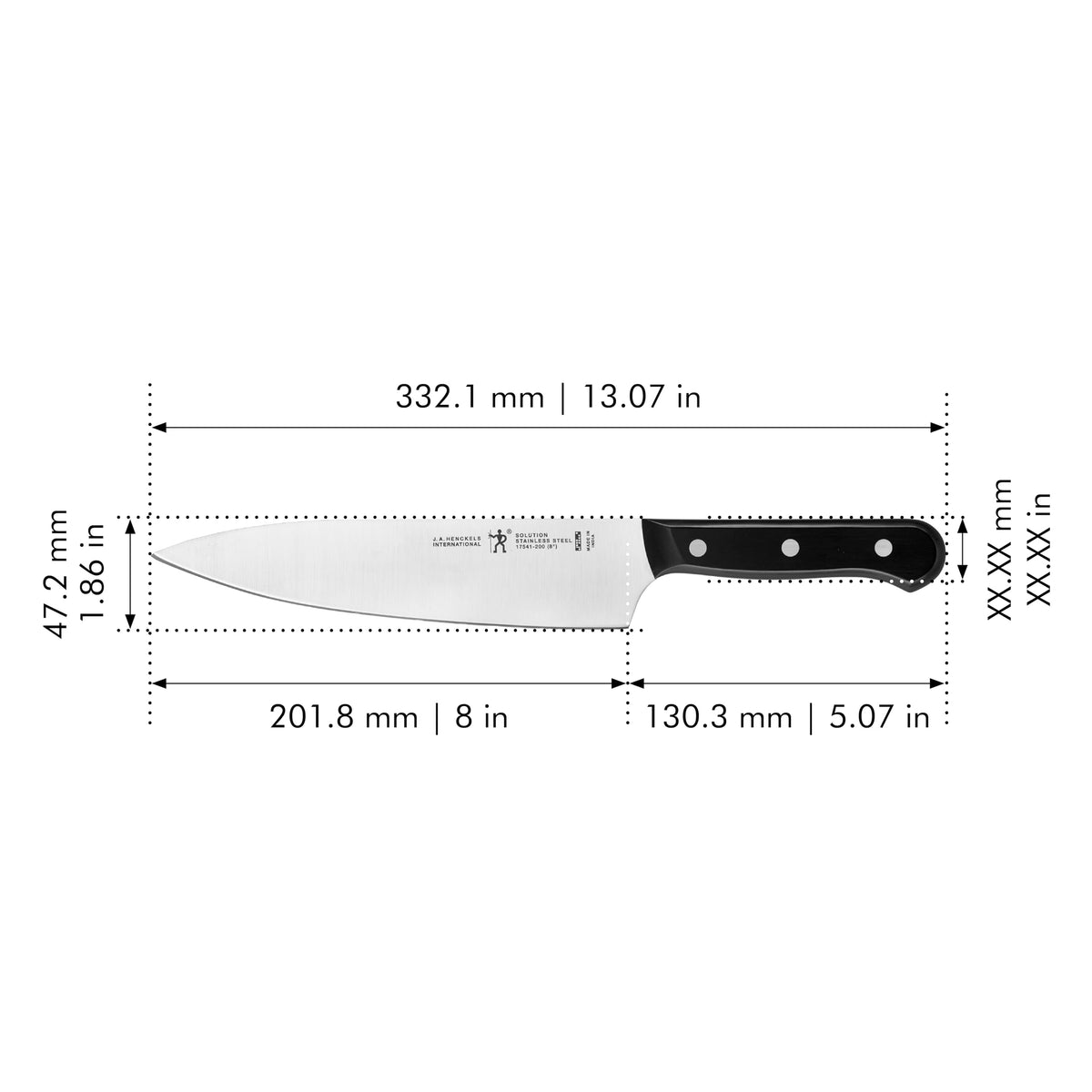 Henckels Solution Razor-Sharp 8-inch chef knife German-engineered craftsmanship for lasting sharpness.