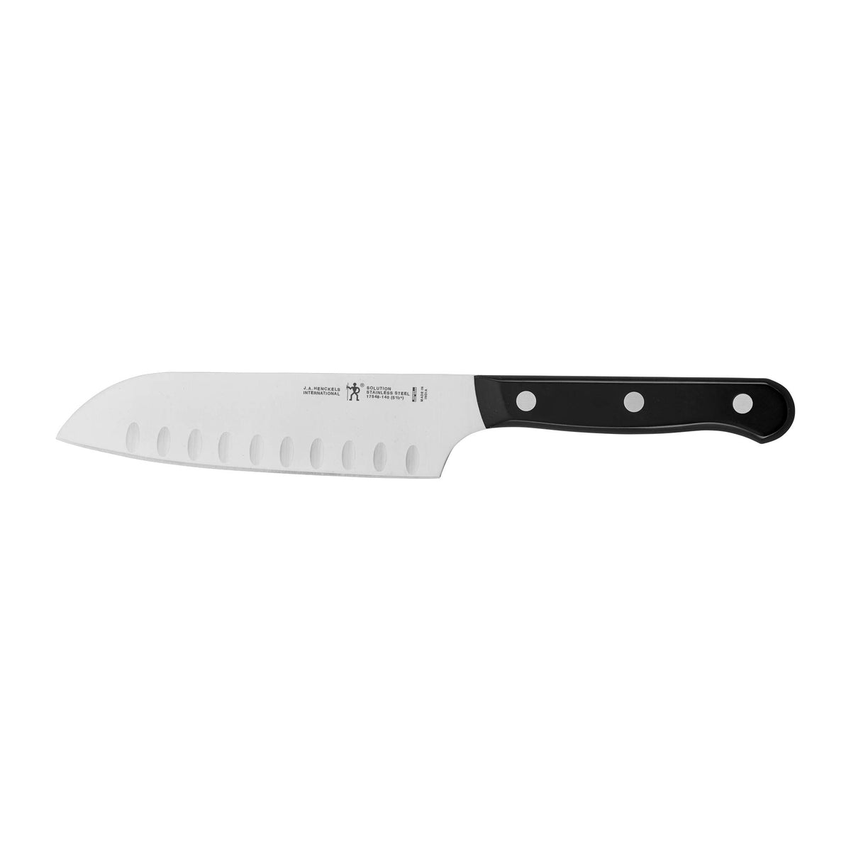 Henckels Solution hollow-edge santoku blade close-up for precise slicing