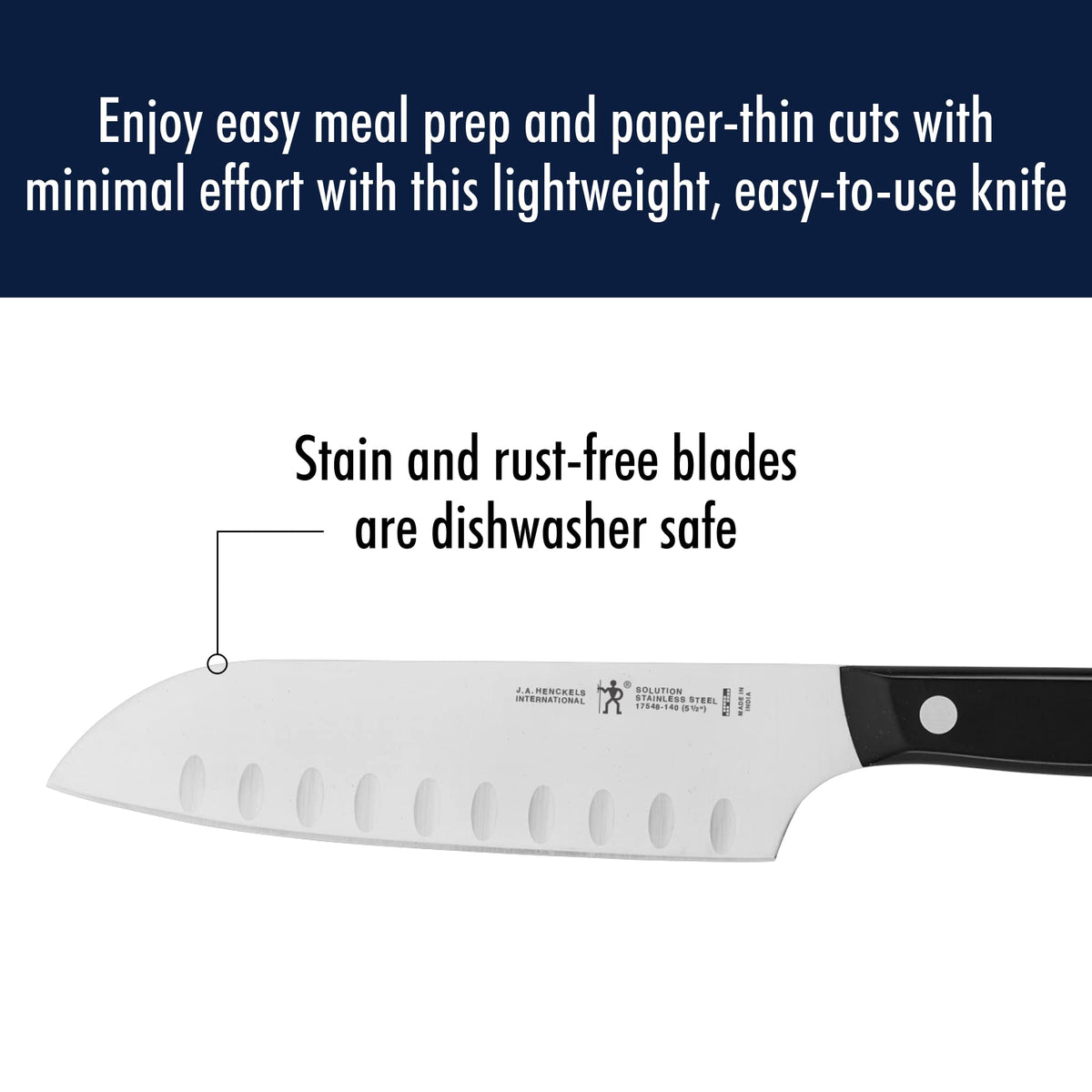 Henckels stainless steel blade close-up highlighting ultra-sharp edge for clean cuts