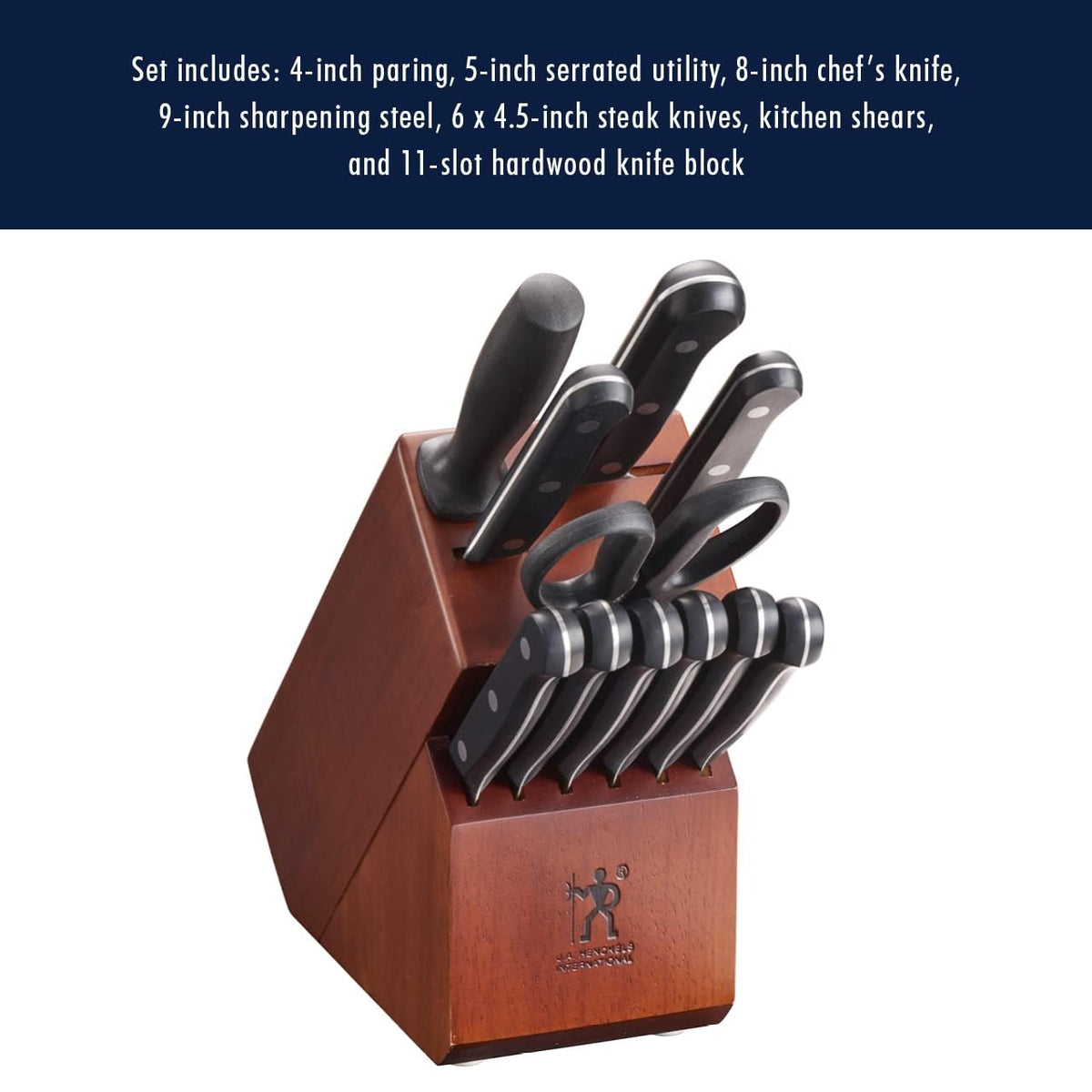 HENCKELS Solution 4.5-inch steak knives for even table slices.