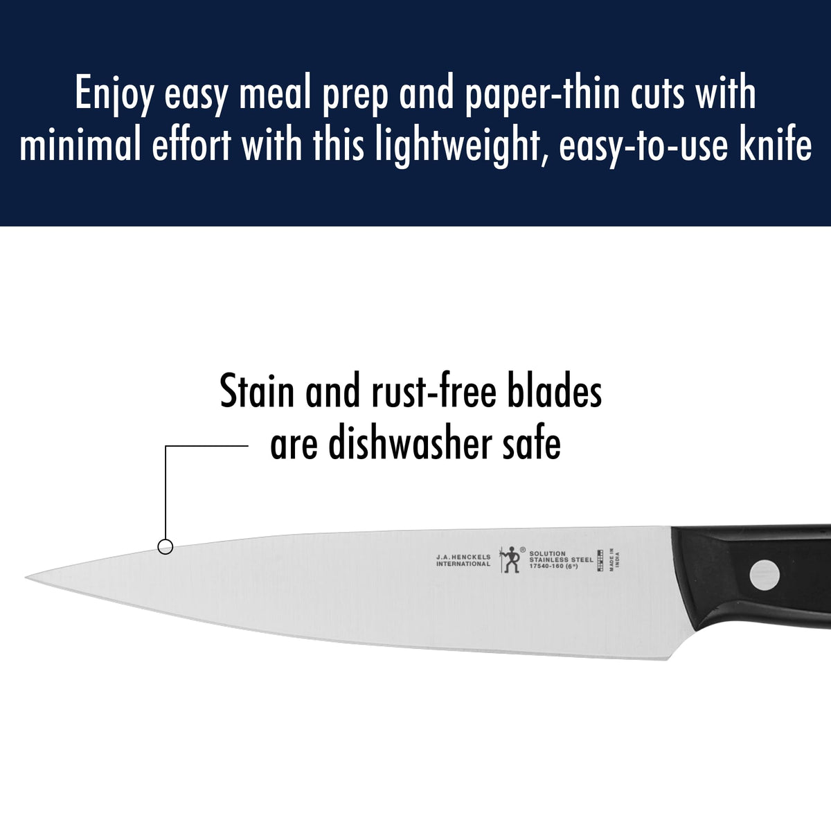 Henckels Solution Tomato Knife edge for clean tomato slices and minimal crushing.