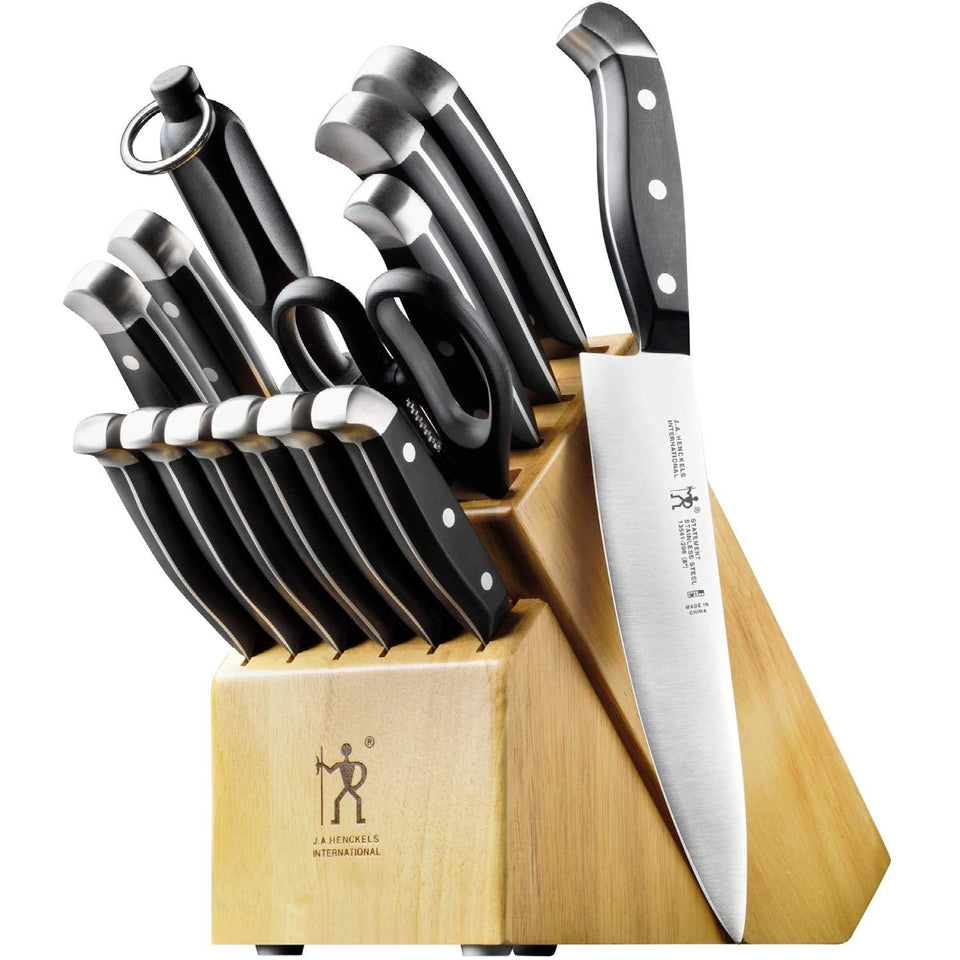 The HENCKELS Statement 15-piece knife block set in natural wood for organized storage.