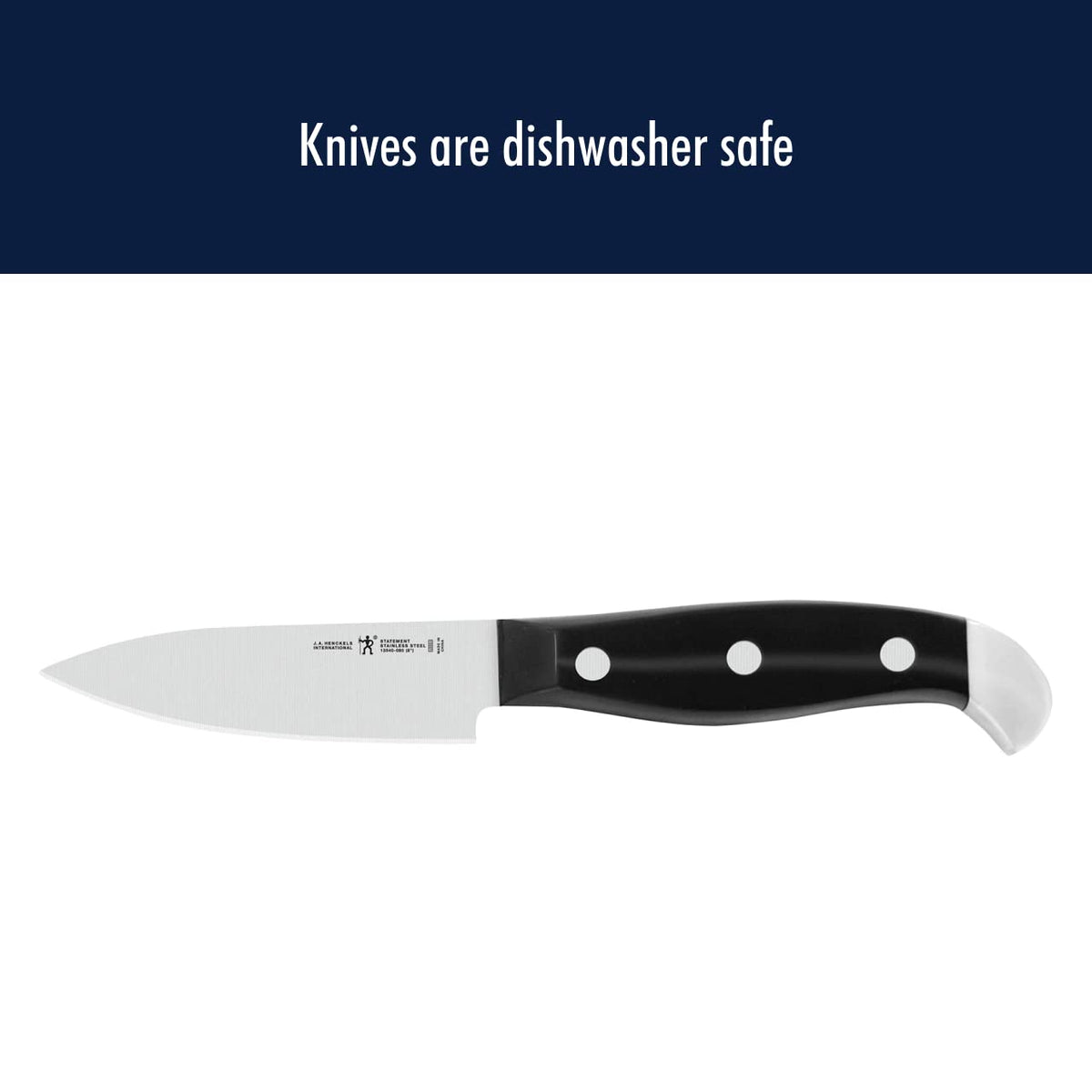 HENCKELS Statement 3in knife endcap display highlights sleek stainless finish