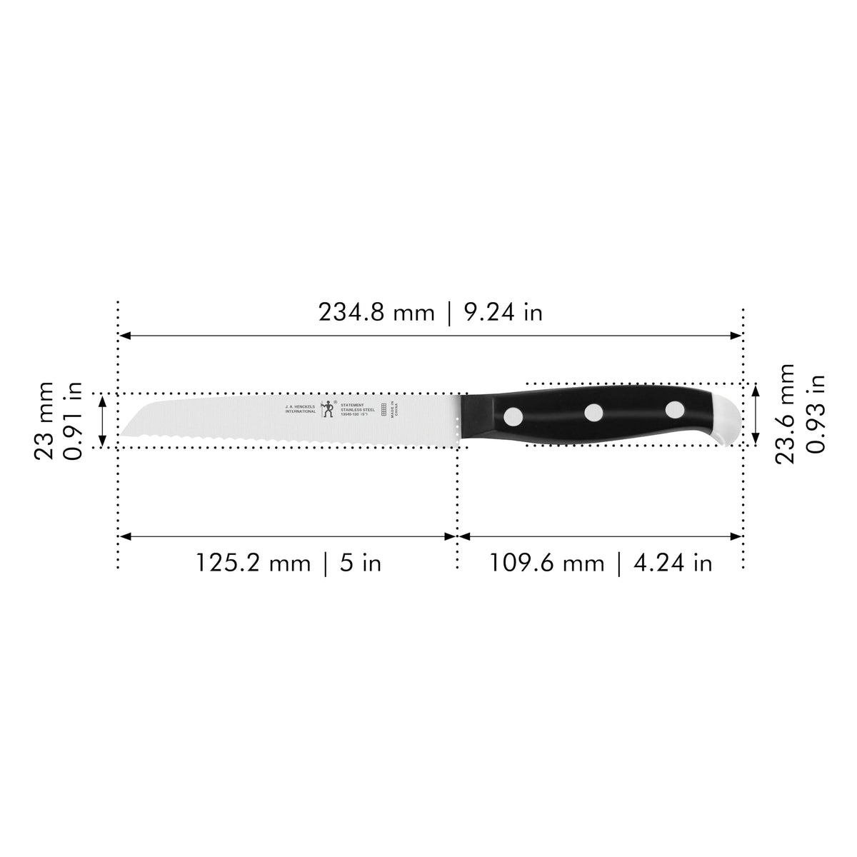 Henckels Statement 5 inch serrated knife triple rivet handle for secure grip.