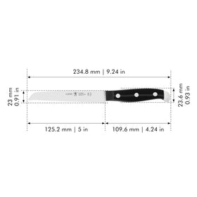 Henckels Statement 5 inch serrated knife triple rivet handle for secure grip.