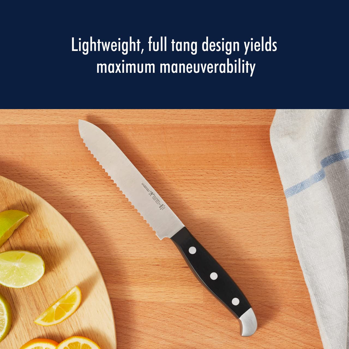 Henckels Statement 5 inch serrated knife produces neat cheese slices.