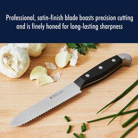 Henckels Statement 5 inch serrated knife lightweight for comfortable prep.
