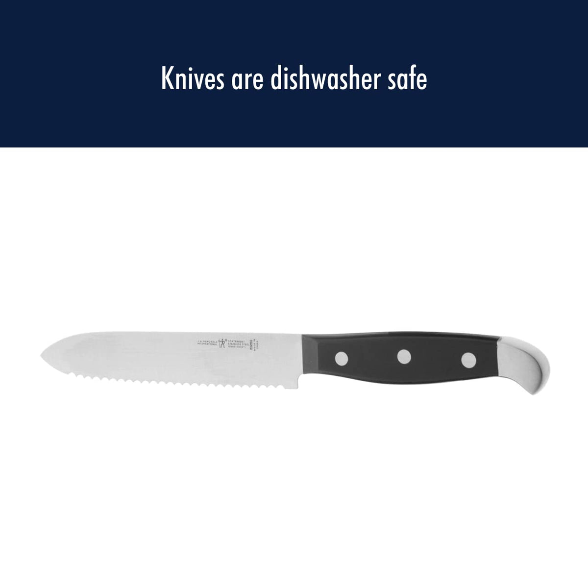 Henckels Statement 5 inch serrated knife stainless endcap adds durability.