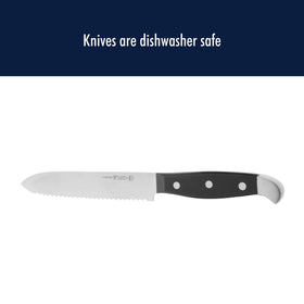 Henckels Statement 5 inch serrated knife stainless endcap adds durability.