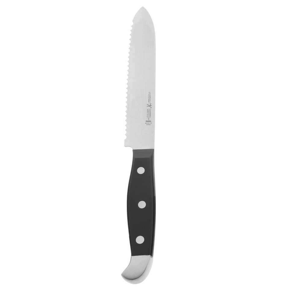 Henckels Statement 5 inch serrated knife slices tomatoes with precision.