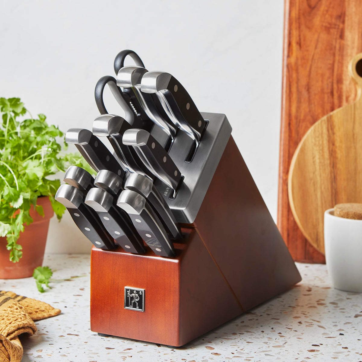 Henckels Statement knife block with labeled slots for quick, organized access.