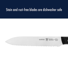 Henckels triple-rivet ergonomic handle reduces fatigue during prep.