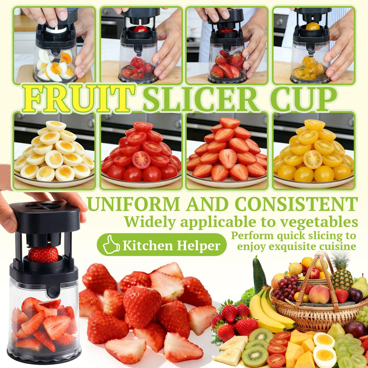 Hendiy Fruit Slicer Cup producing banana slices for quick snacks.